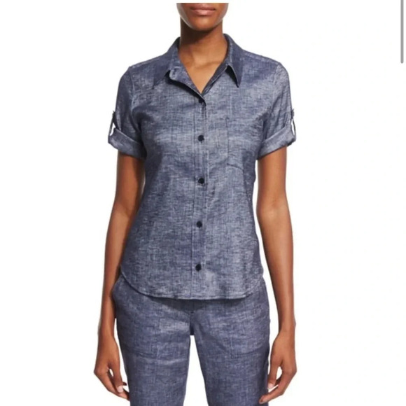 THEORY Pauleen Tierra Wash Linen Blend Denim Button‎ Down Top Medium EUC - Picture 1 of 4